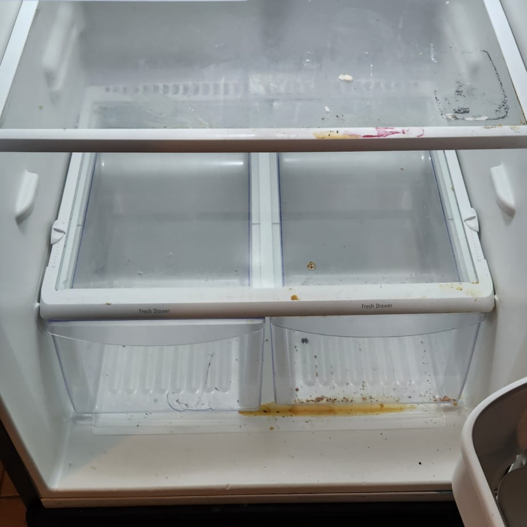 Dirty refrigerator before cleaning by JD House Cleaning in Massachusetts Dirty refrigerator before cleaning by JD House Cleaning in Massachusetts